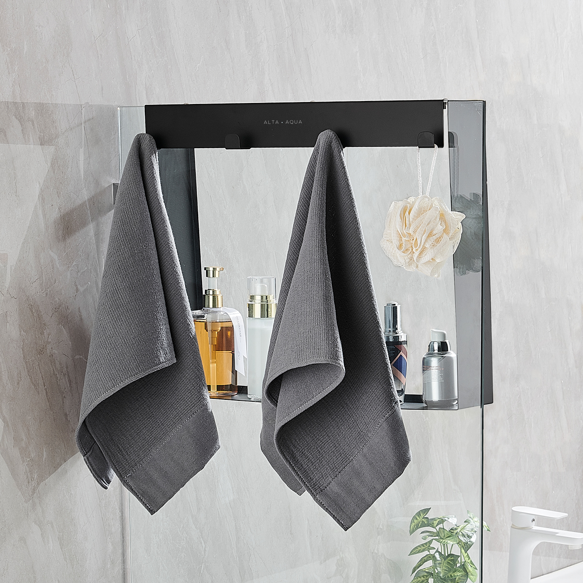 aa-ni-hn-rc-hk-20x16-mb-alta-aqua-hanging-niche-20x16-matte-black-finish-hook-side-with-towels-1 (1) Hanging 20" x 16" Shower Niche - Image 1